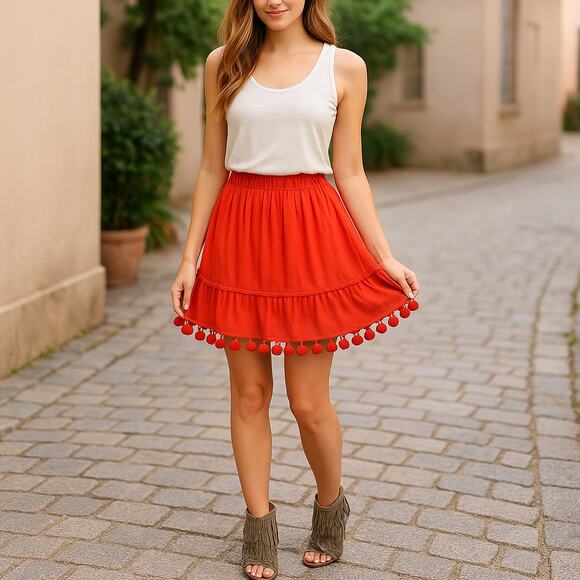 Pom Pom Skirt Tassel Red - Picture 1 of 7